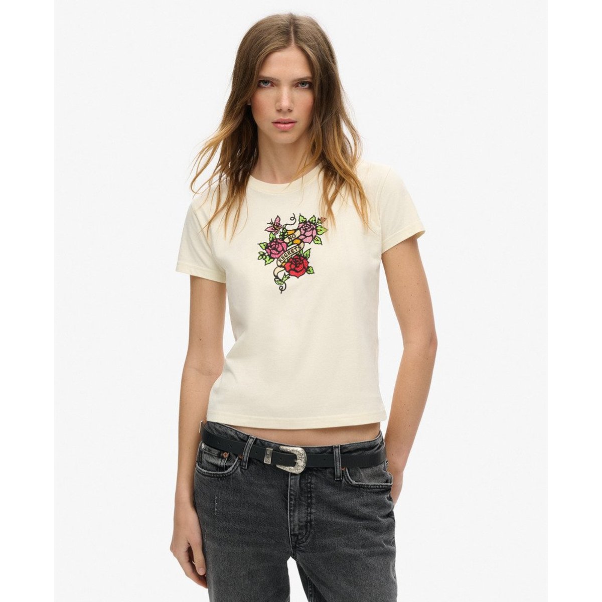 Petit t-shirt ajusté à strass effet tatouage riz blanc, SUPERDRY