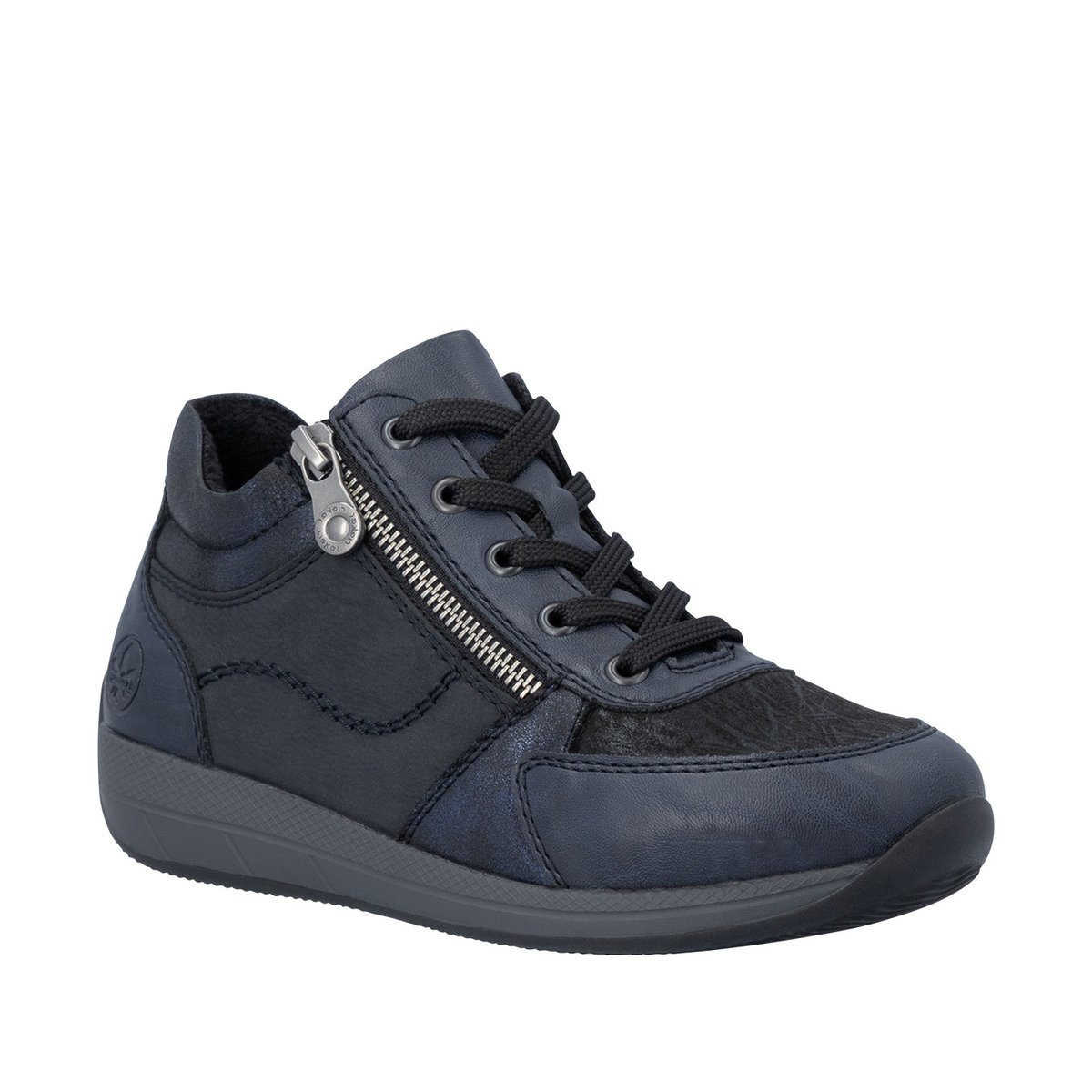 Sneakers bleu marine à talon plat pourvues de lacets et d'un zip bleu foncé, RIEKER