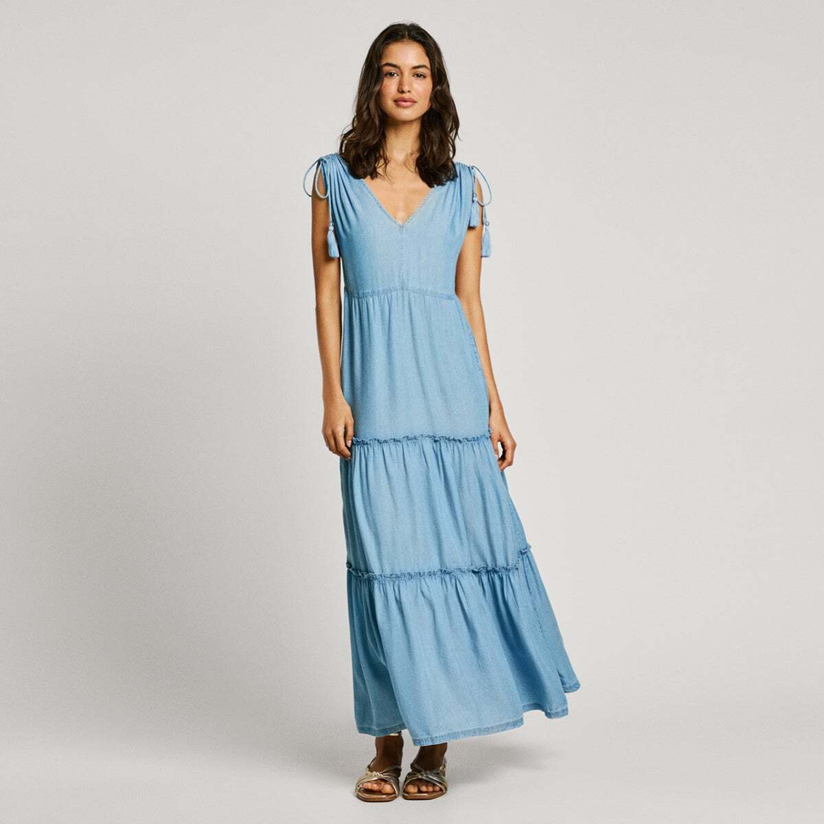 Robe Longue À Col V bleu, PEPE JEANS
