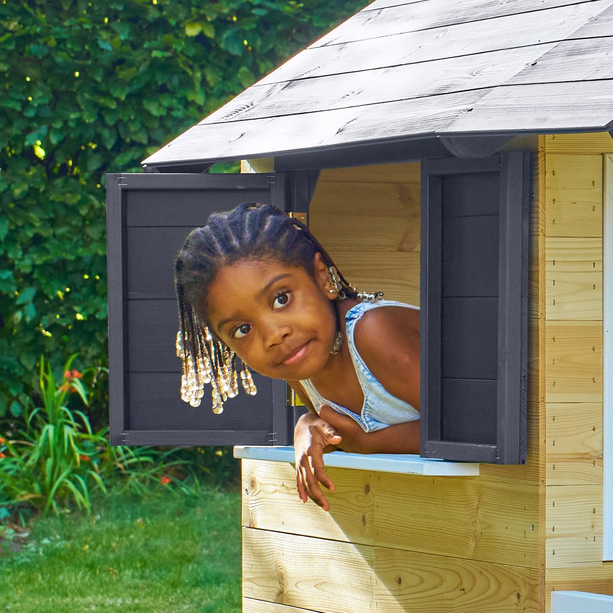 Maisonnette sur pilotis balcon et glissière JACINTHES marron - gris anthracite - blanc - vert, TP TOYS