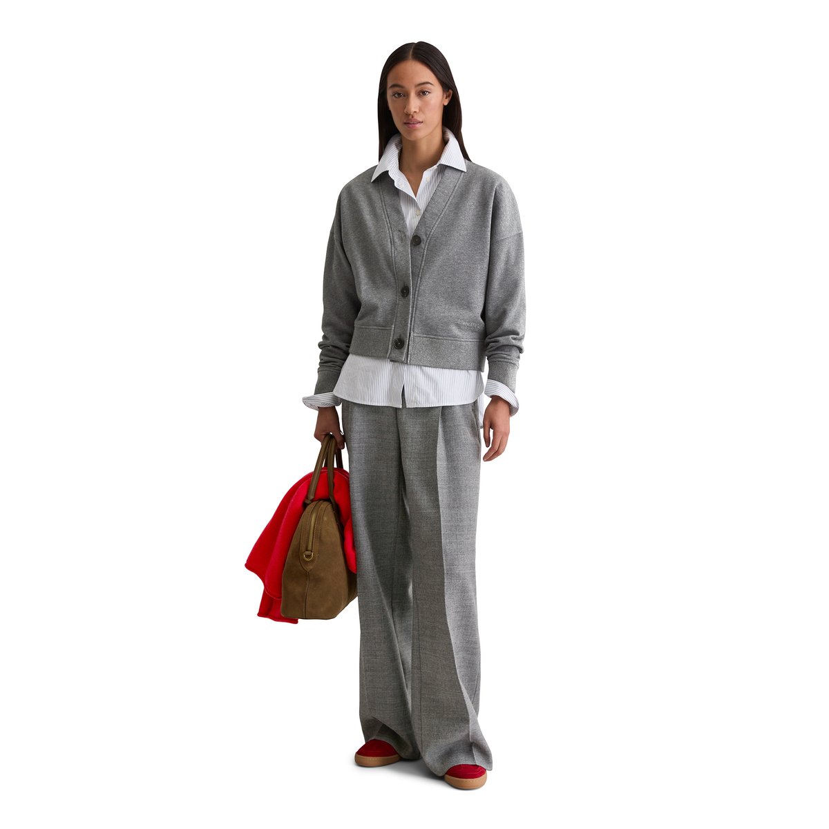 Sweat-Cardigan relaxed avec poignet en tricot côtelé gris, MARC O'POLO