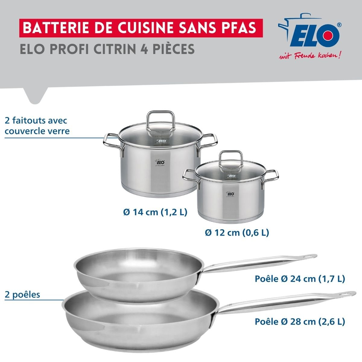 Batterie 2 poêles 24/28cm + 2 faitouts 12/14cm PROFI CITRIN gris, ELO