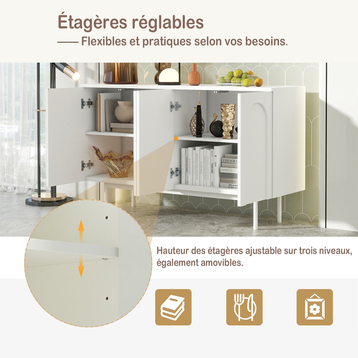 Buffet avec 4 portes 4 couches, BABEDB Buffet blanc, MEUBLES COSY