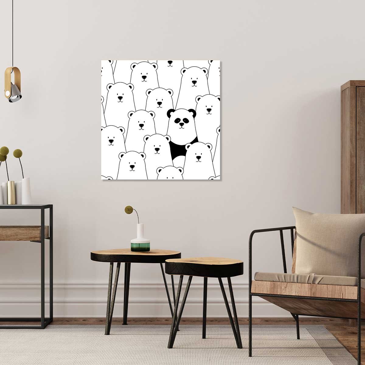 Tableau enfant ours blanc et panda noir toile imprimée, HEXOA