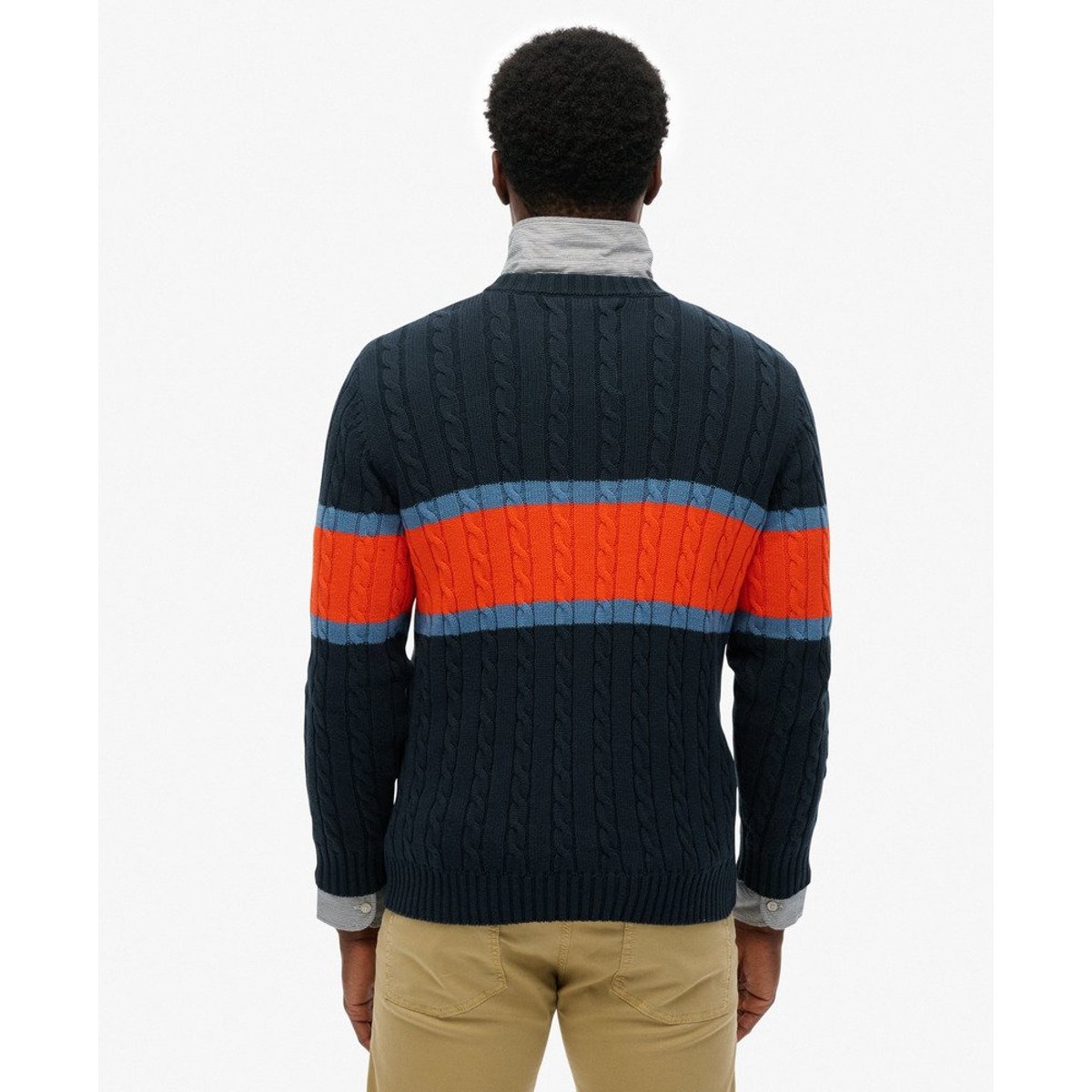 Pull en maille torsadée à rayures en coton bleu marine éclipse/orange vif, SUPERDRY