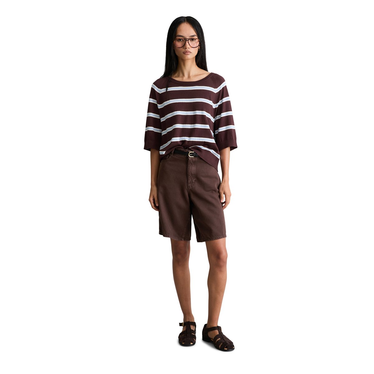 Pull à manches courtes relaxed en doux mélange de coton organique et de modal marron, MARC O’POLO DENIM