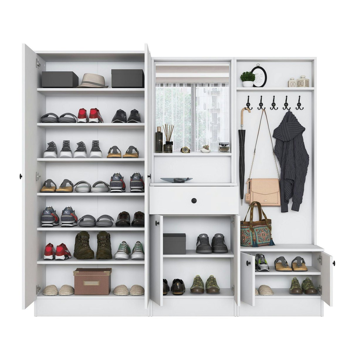 Vestiaire d'entrée blanc, miroir et meuble à chaussures MARFA blanc, PIER IMPORT
