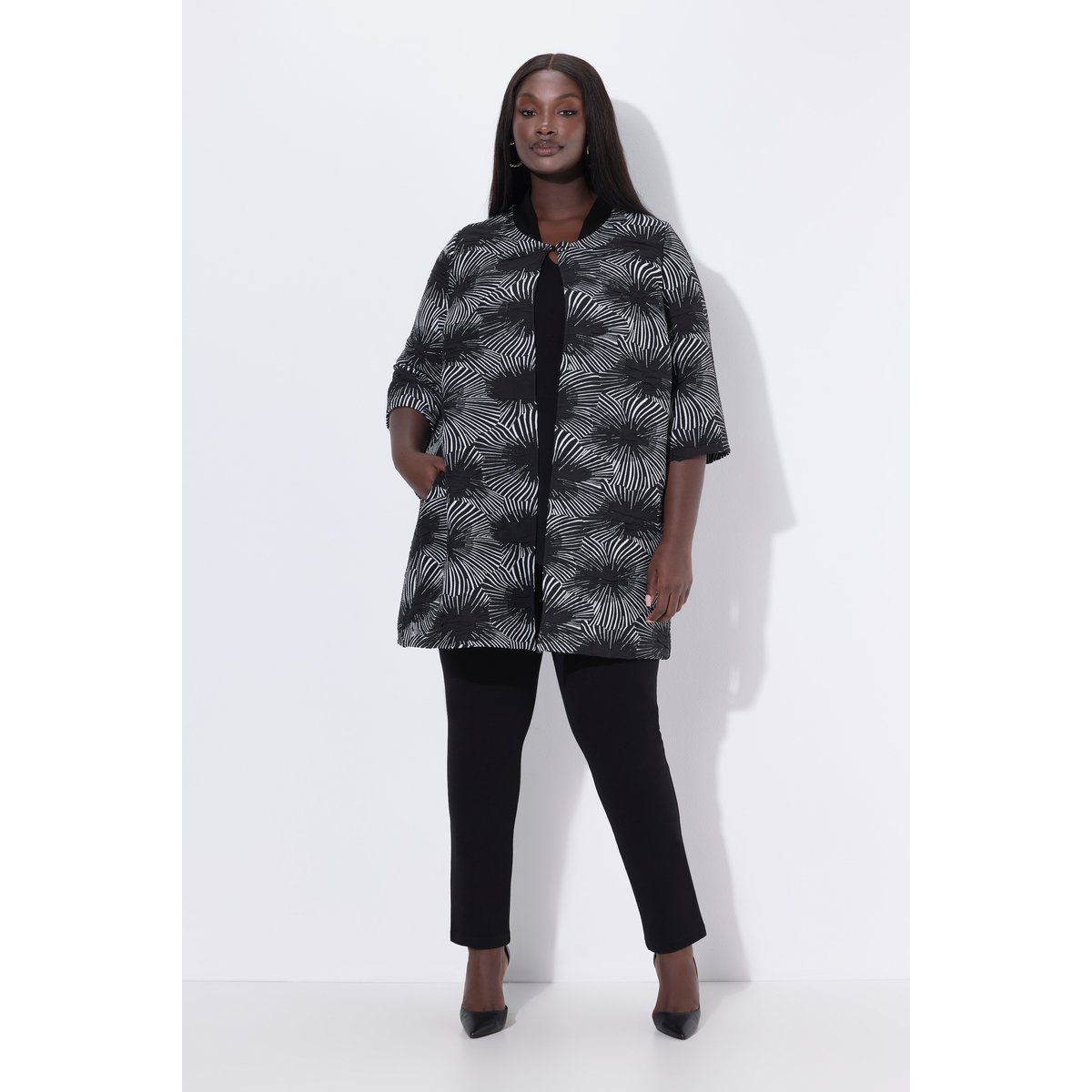 Veste jacquard à col rond et manches 3/4 noir, ULLA POPKEN