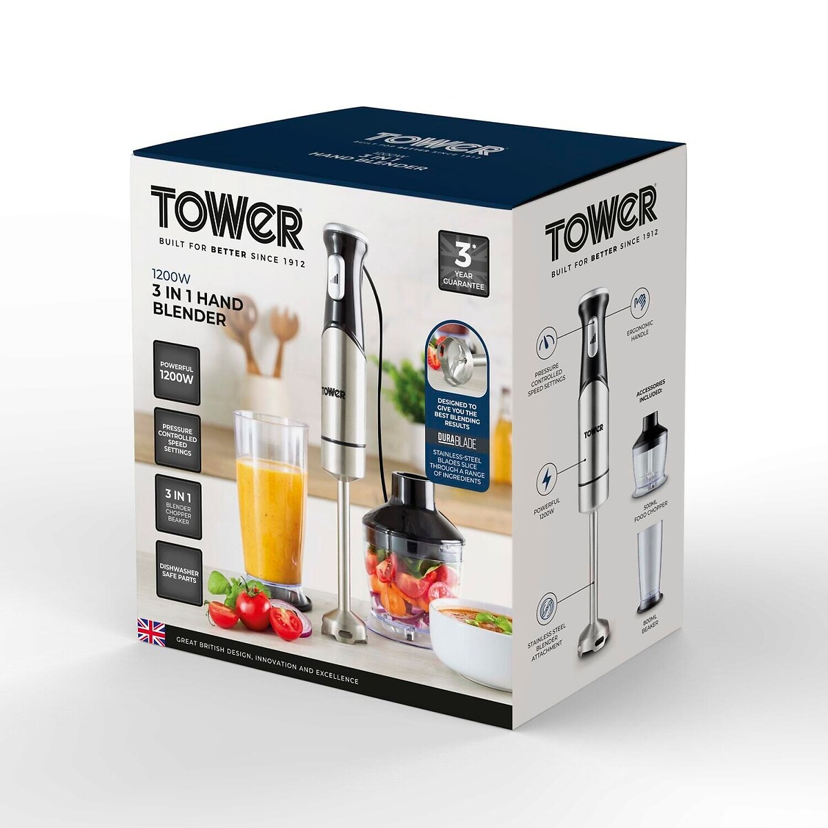 3-in-1 1200W Hand Blender - T12099 silver-coloured, TOWER