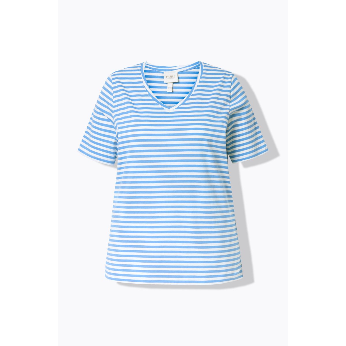 T-shirt rayé en coton bio. Col V et manches bleu ciel, ULLA POPKEN
