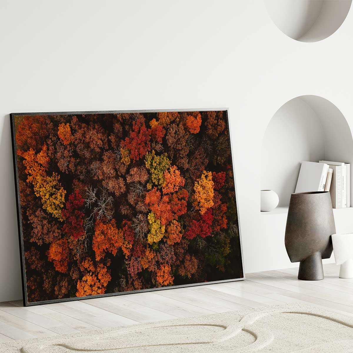 Affiche encadrée Forêt d’automne en plongée verticale affiche + cadre en métal - noir, HEXOA