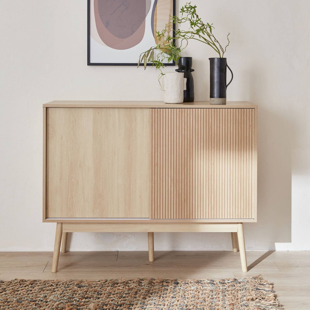 Buffet décor bois strié 1 porte coulissante 115cm LINEAR bois foncé, SWEEEK