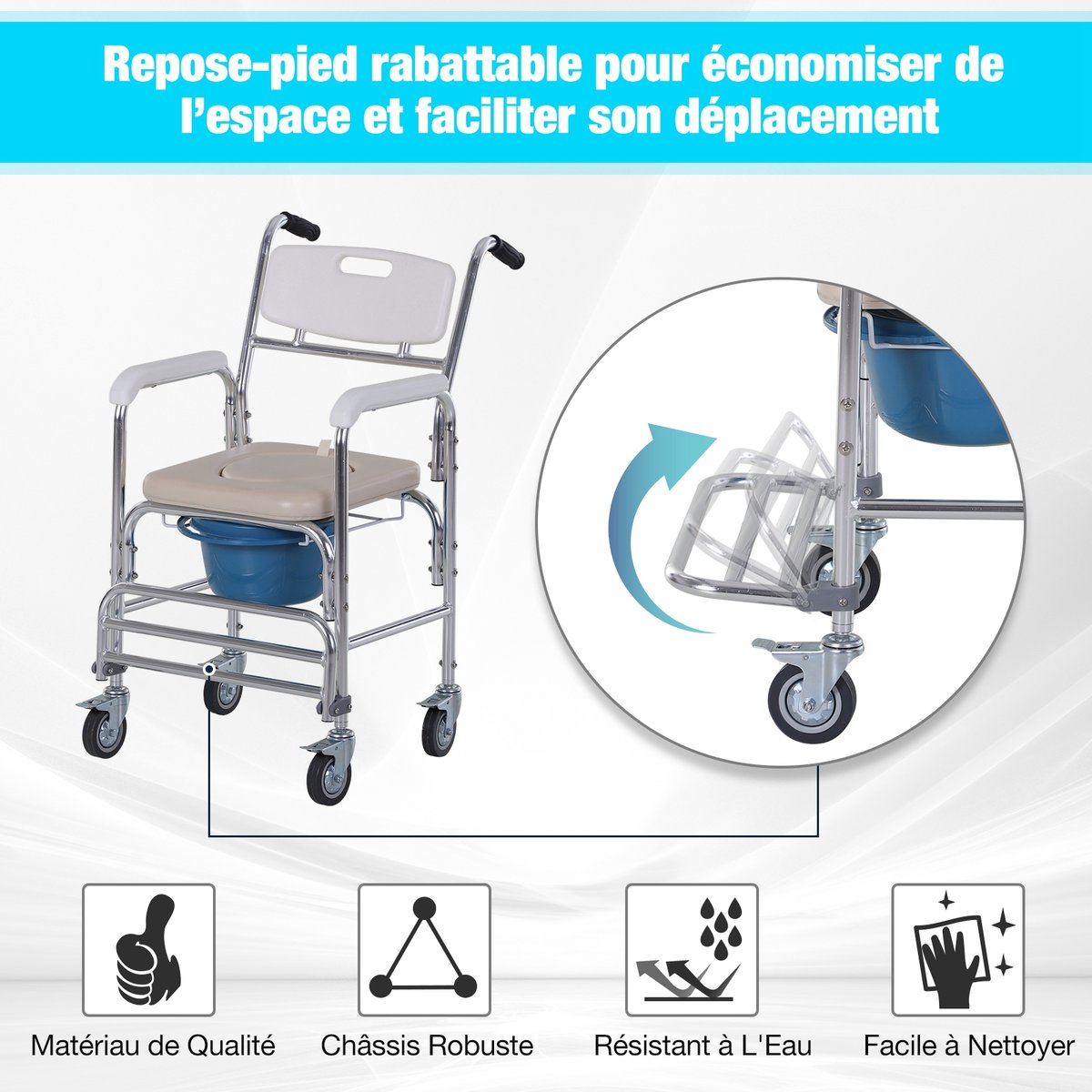 Fauteuil roulant avec cuvette Acier Blanc blanc, bleu, chromé, HOMCOM