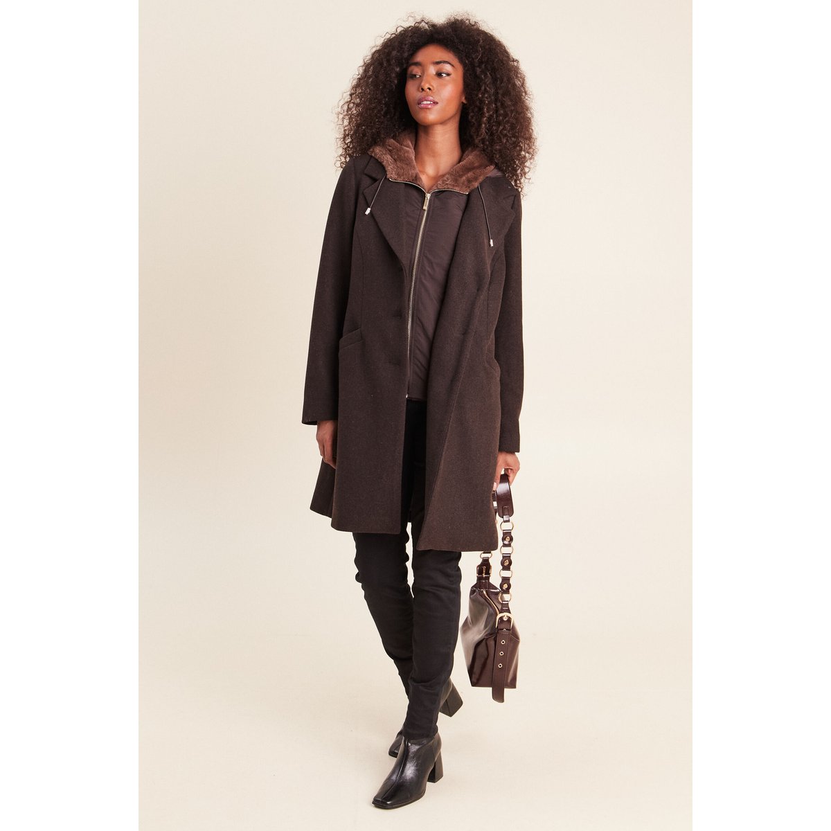 Manteau ajusté capuche amovible marron foncé, BREAL