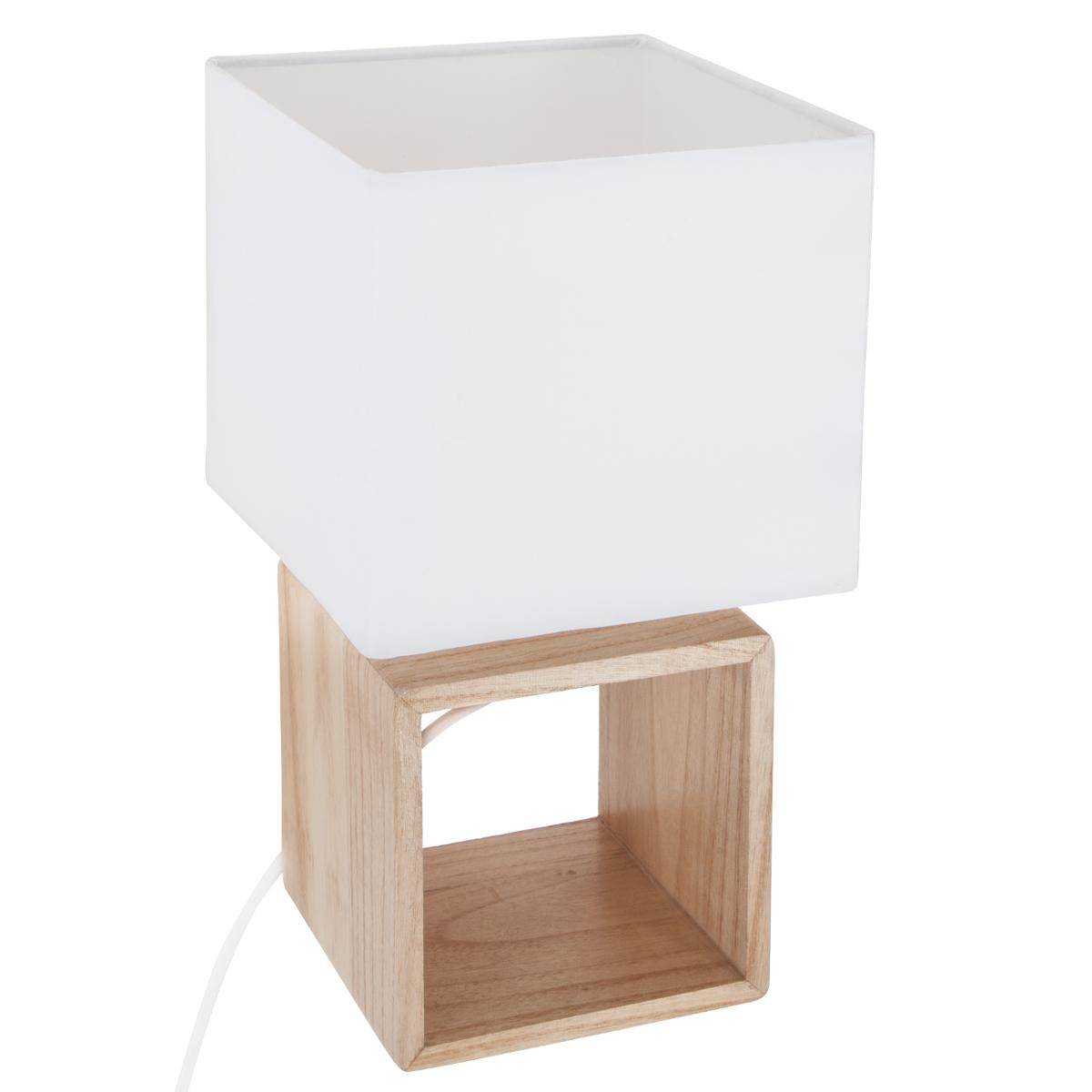 Lampe à poser en bois abat-jour en coton POJO blanc, ATMOSPHERA