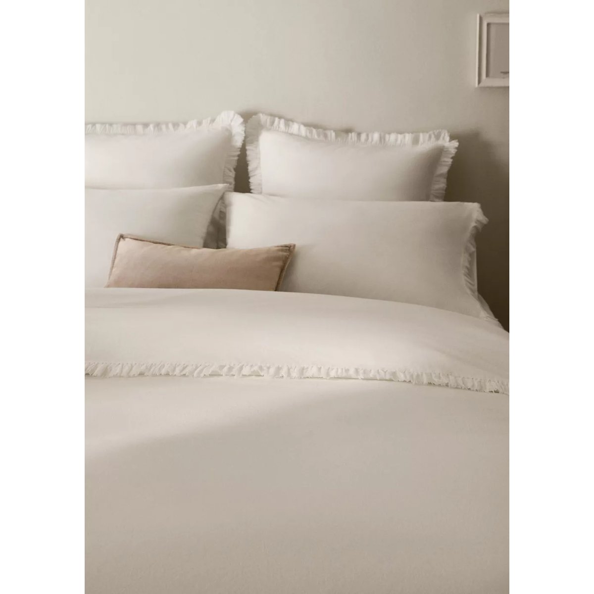 Housse de couette coton lavé volant en gaze effiloché lit 200 cm écru, MANGO HOME