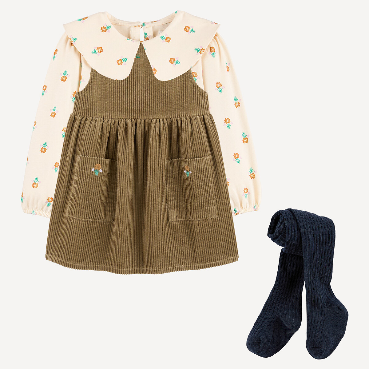 Set da 3 pezzi: abito senza maniche, T-shirt a maniche lunghe, collant fantasia écru+kaki, LA REDOUTE COLLECTIONS