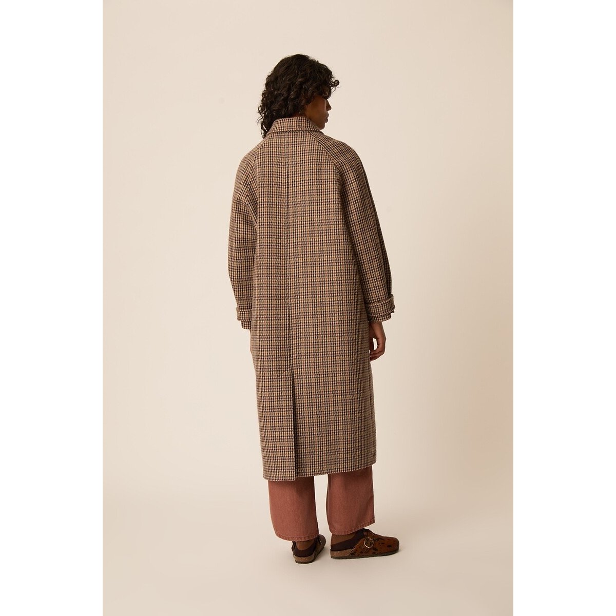 Yonique Checked Wool Blend Long Coat brown checks, DES PETITS HAUTS