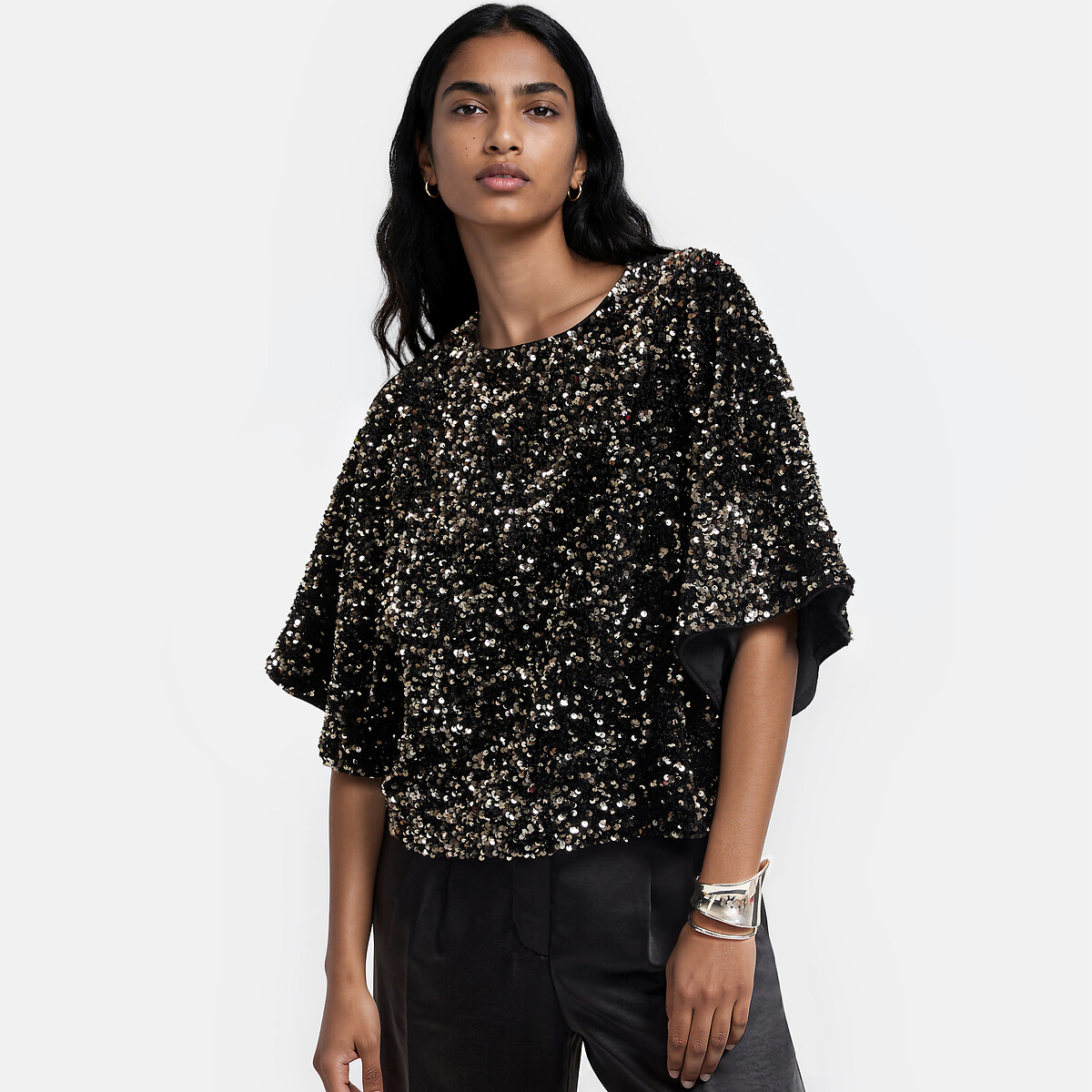 Blouse col rond à sequins, manches courtes noir/mordoré, LA REDOUTE COLLECTIONS