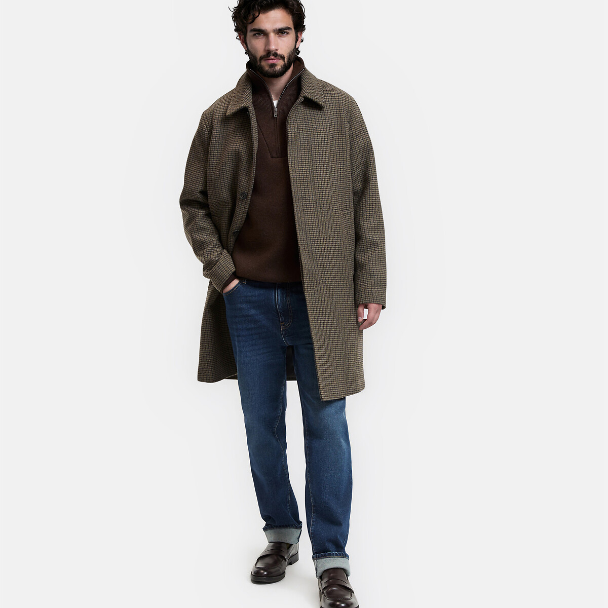 Manteau long en laine mélangée plein hiver, à col chemise, Signature VIRGIL marron carreaux, LA REDOUTE COLLECTIONS