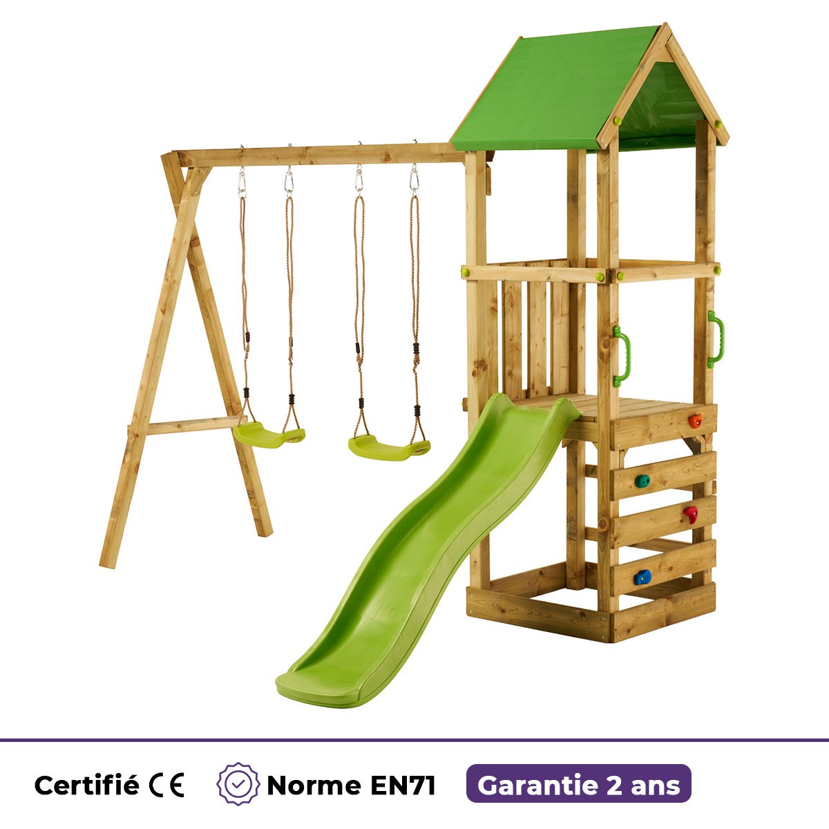 Aire de jeux bois enfant : plateforme 90 cm avec toboggan WALLI vert, KANGUI