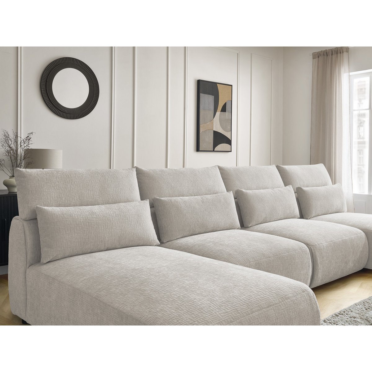 Canapé modulable 5 places en tissu texturé, JANA beige, BOBOCHIC