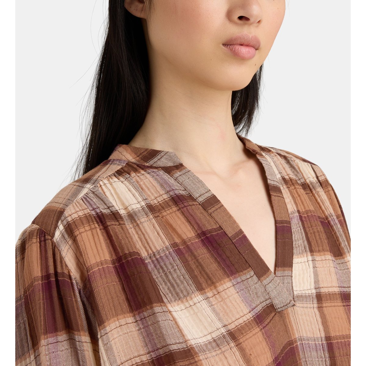 Blouse confort olone à carreaux coton bio marron et rouge, JODHPUR