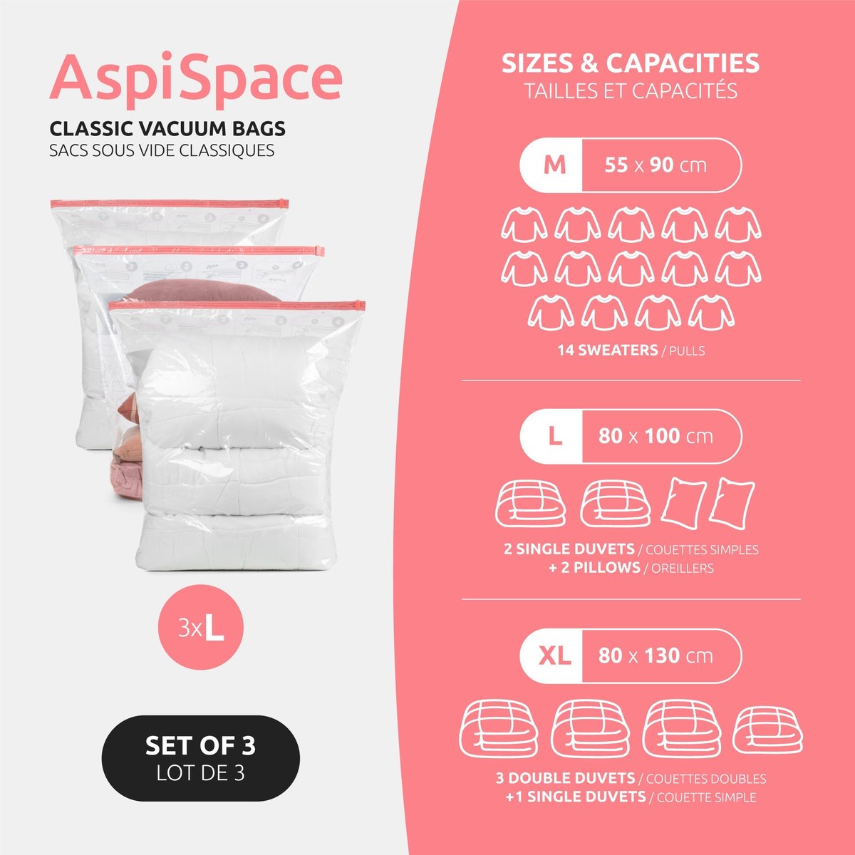 COMPACTOR - Lot 3 sacs rangement sous vide ASPISPACE - 55 x 0 x H.90 cm - Transparent transparent, COMPACTOR