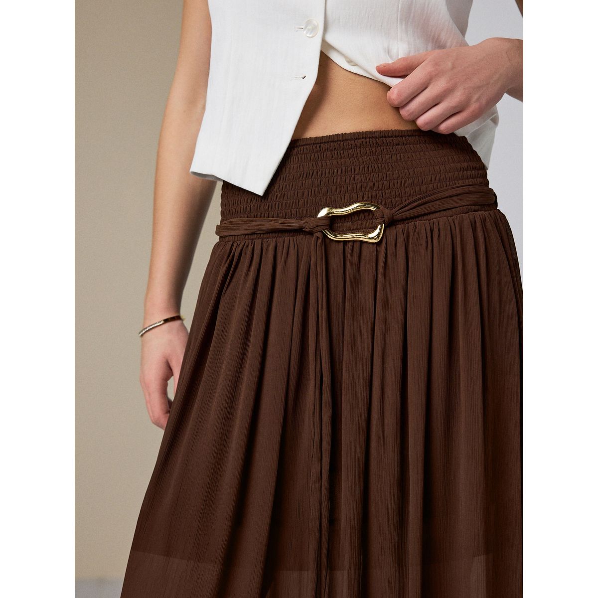 Jupe longue en mousseline à ceinture marron chocolat, NEXT
