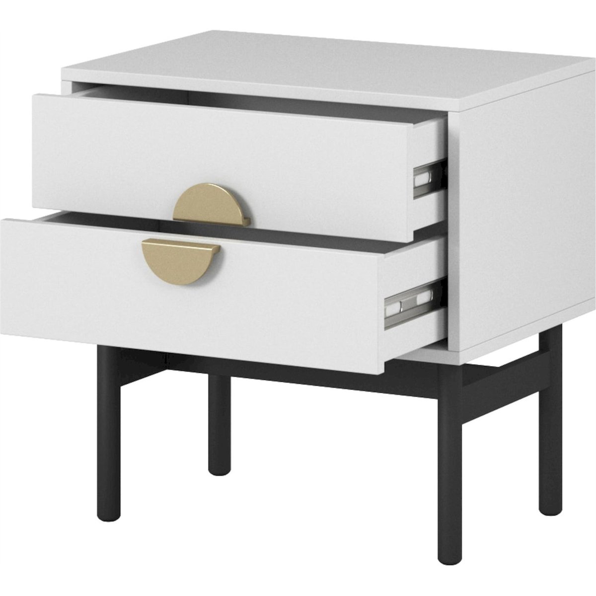 Table de chevet collection STOON blanc avec piètement noir et poignées dorées, RECOLLECTION