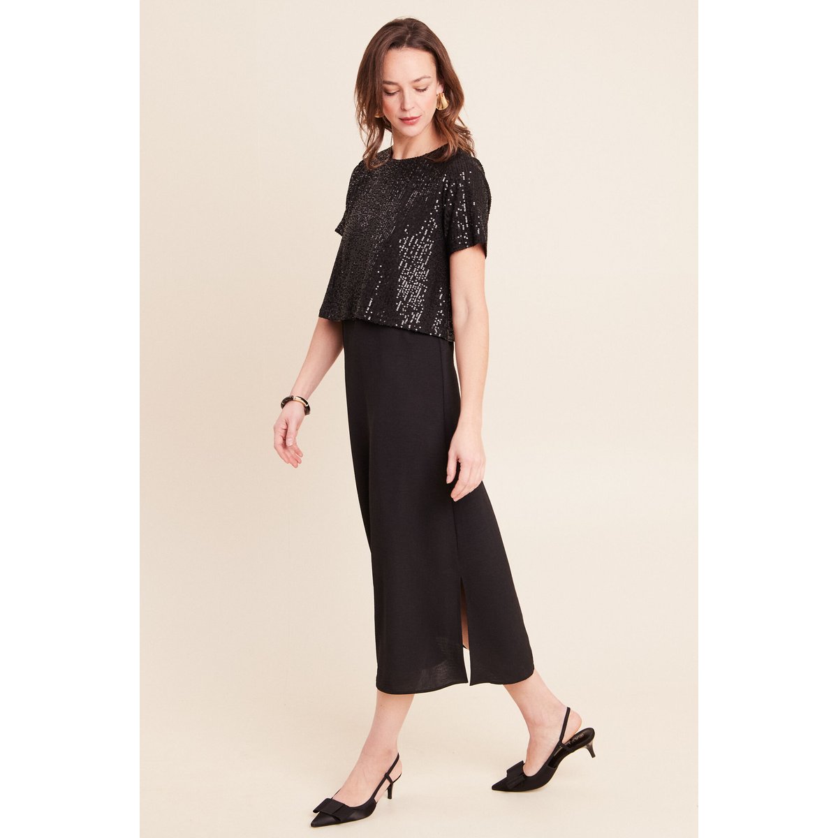 Robe longue évasée 2 en 1 col rond noir, BREAL
