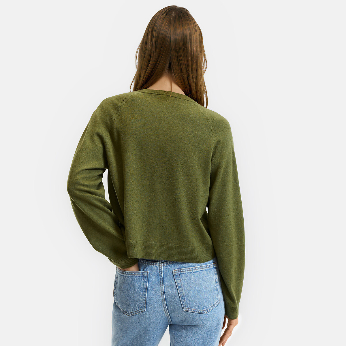 100% Wool Fine Knit Crew Neck Cardigan khaki green, LA REDOUTE COLLECTIONS
