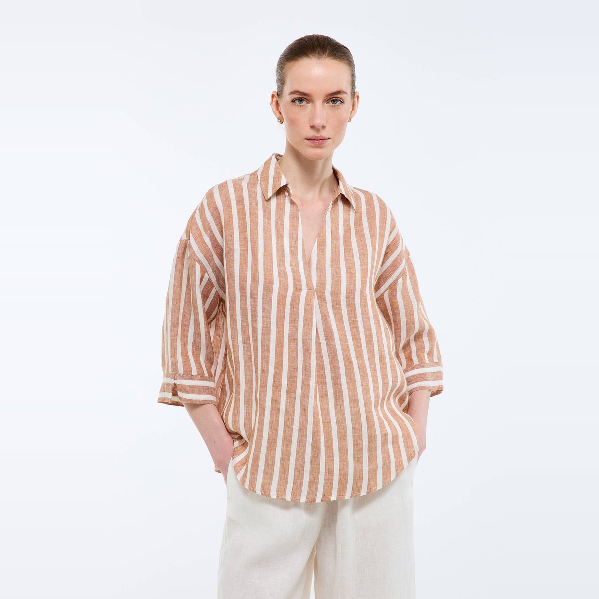 Blouse manches trois quarts rayée en lin copeau, MONOPRIX
