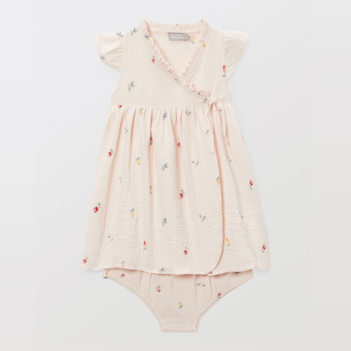 Robe portefeuille avec bloomer brodés en gaze de coton BIO GOTS poudre, BOUT'CHOU