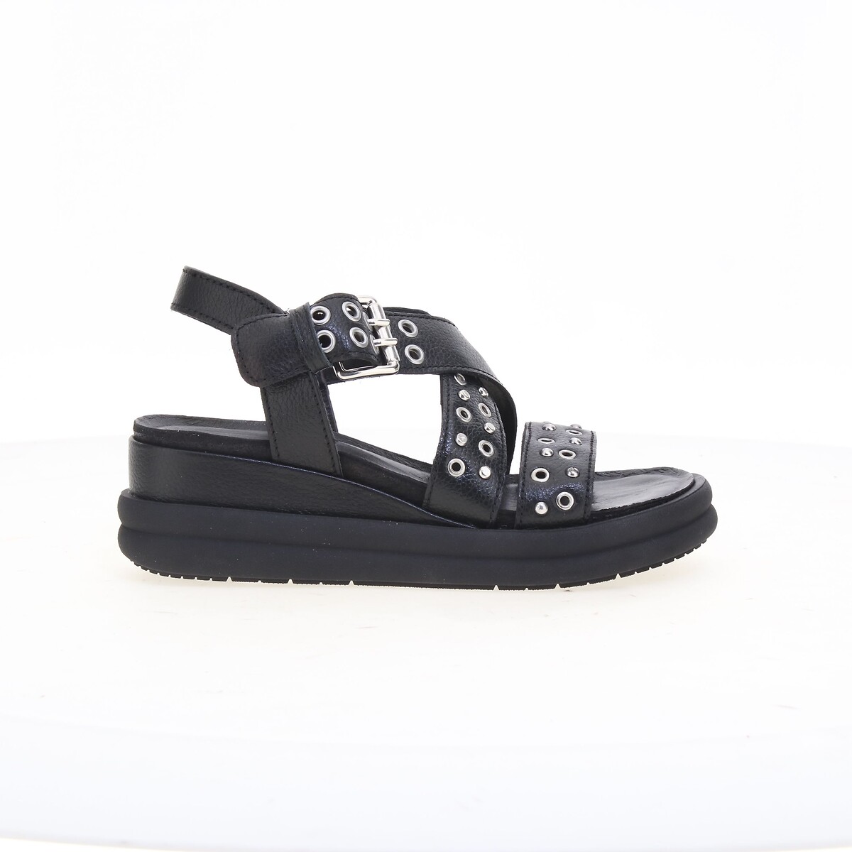 Sandales compensées en cuir noir, MJUS