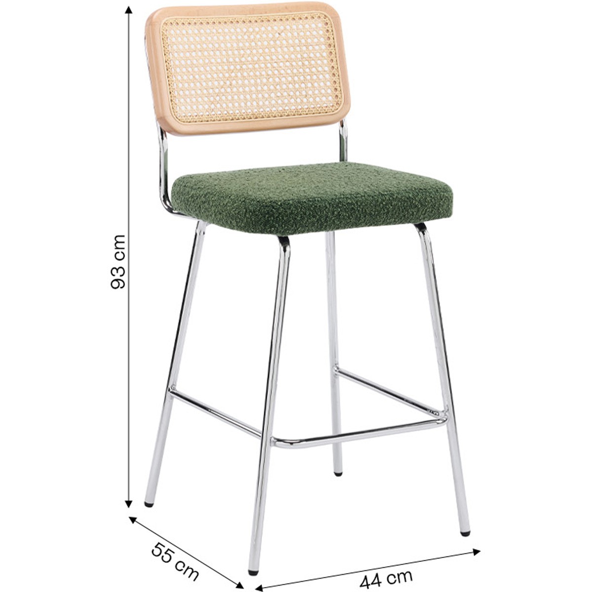 Lot de 2 chaises de bar en cannage et tissu bouclé, piètement chromé - MUSE vert, HOMIFAB