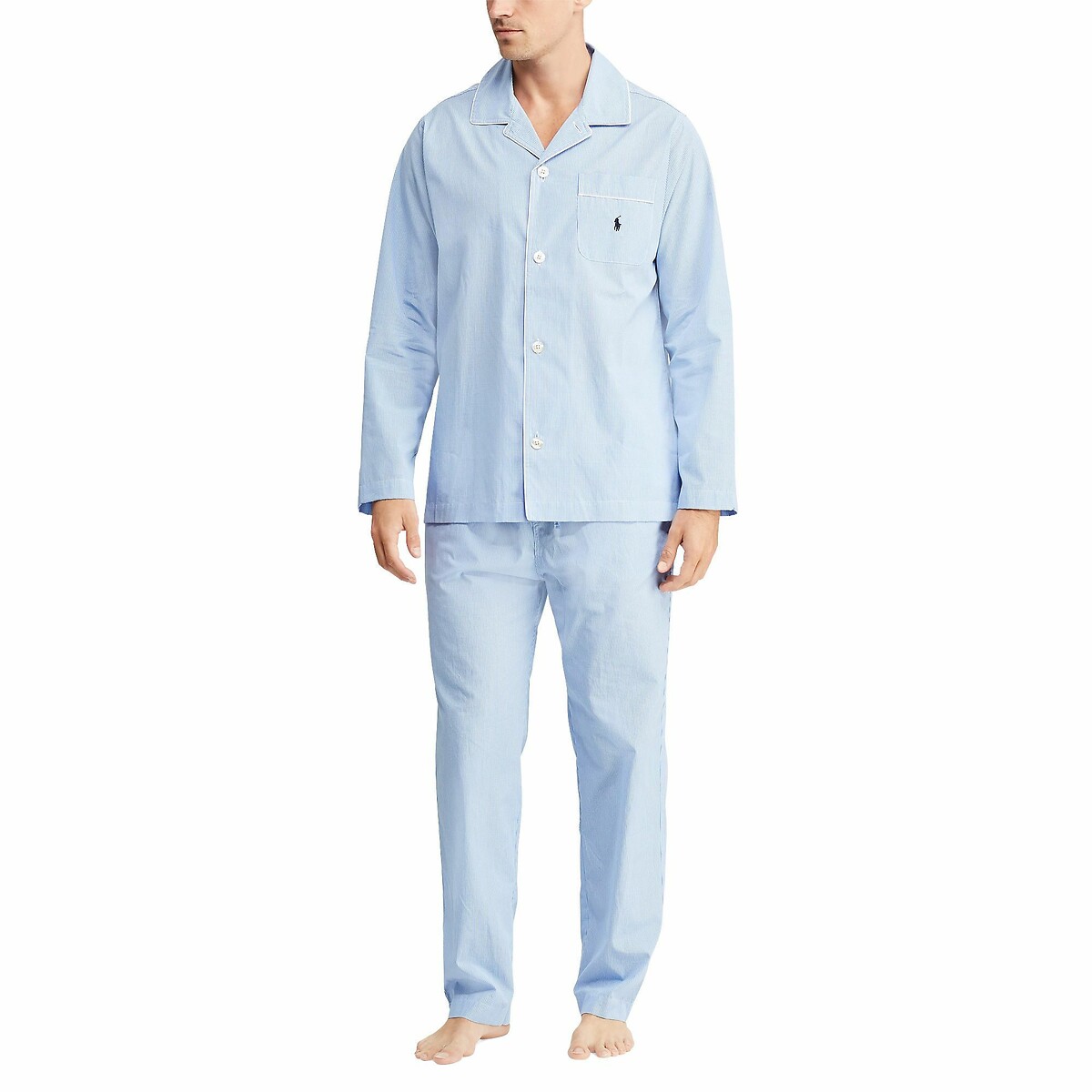 Pijama largo de popelín con estampado vichy azul claro, POLO RALPH LAUREN