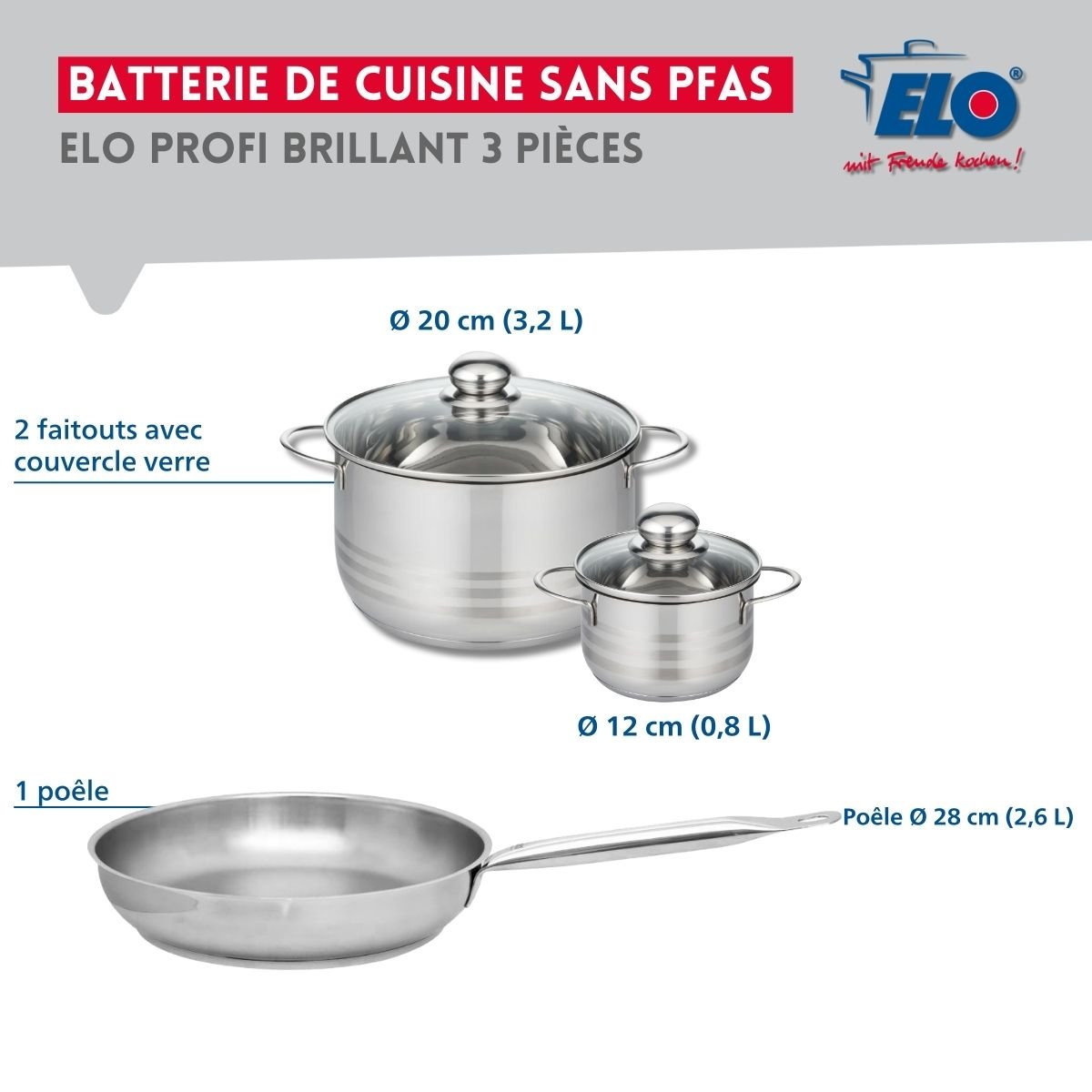 Batterie 1 poêle 28cm + 2 faitouts 12/20cm PROFI BRILLANT inox, ELO