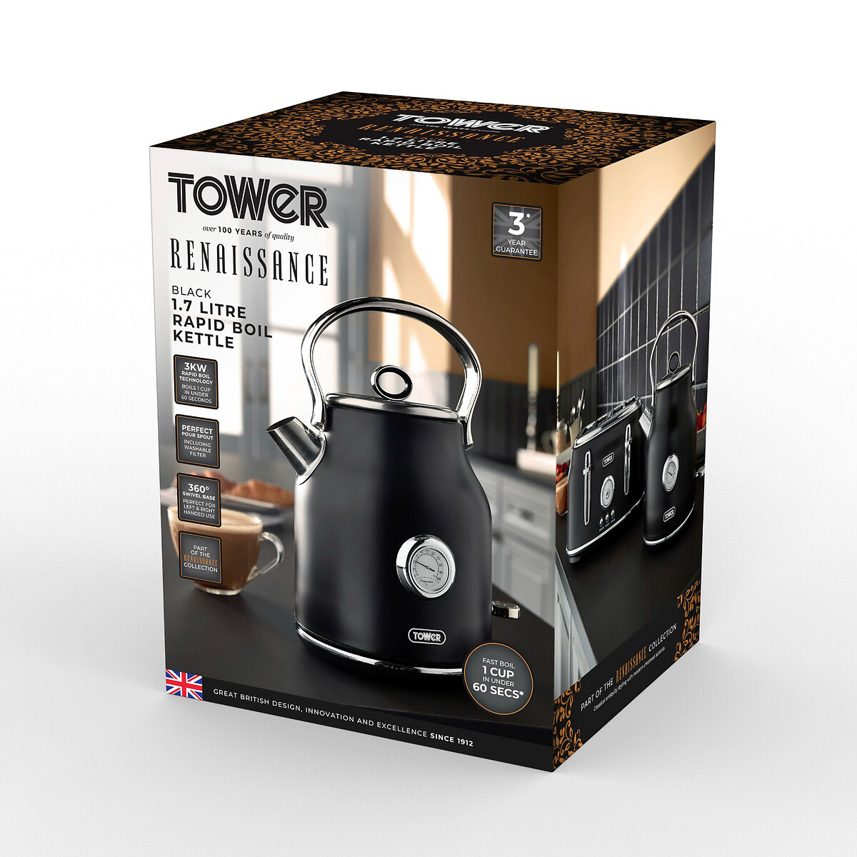 Renaissance 1.7 Litre 3KW Kettle - T10063 black, TOWER