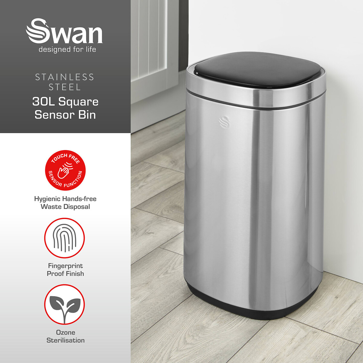 30L Square Sensor Bin silver-coloured, SWAN