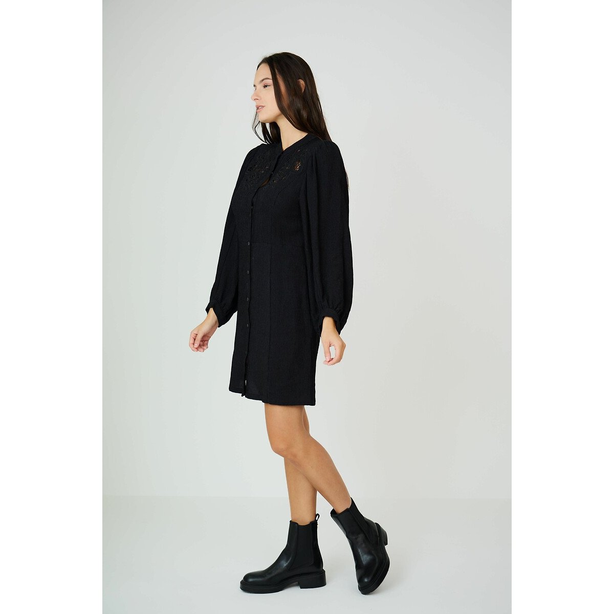 Cotton Openwork Mini Dress with High Neck and Long Sleeves black, SEE U SOON