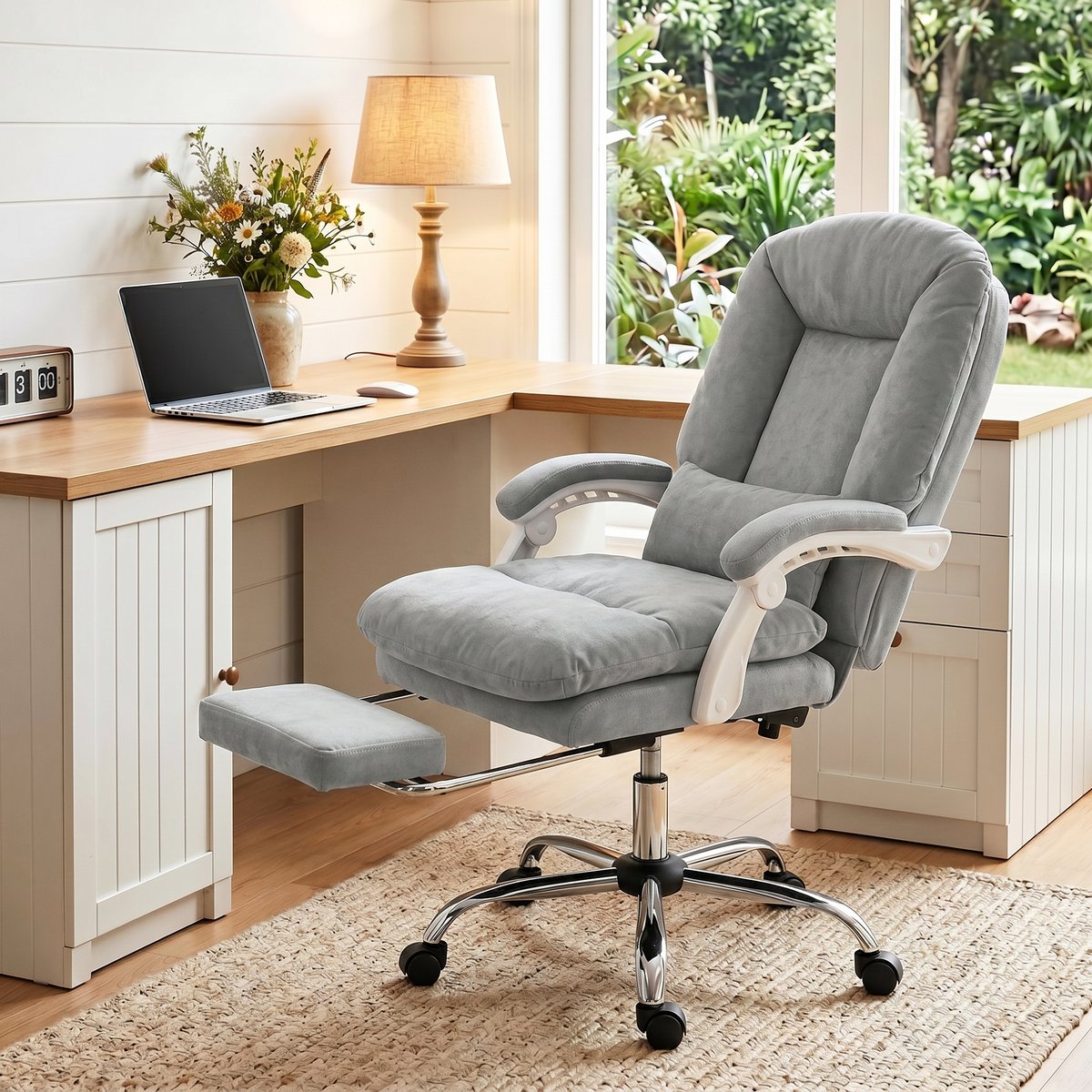 Chaise de bureau Velours (100 % Polyester) gris clair, HOMCOM
