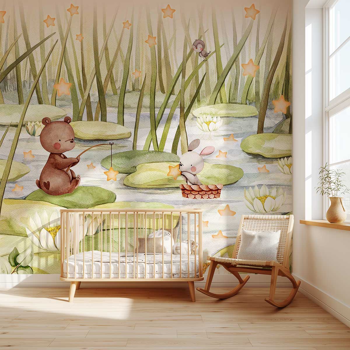 Papier peint étoiles nature chambre bébé vert, HEXOA