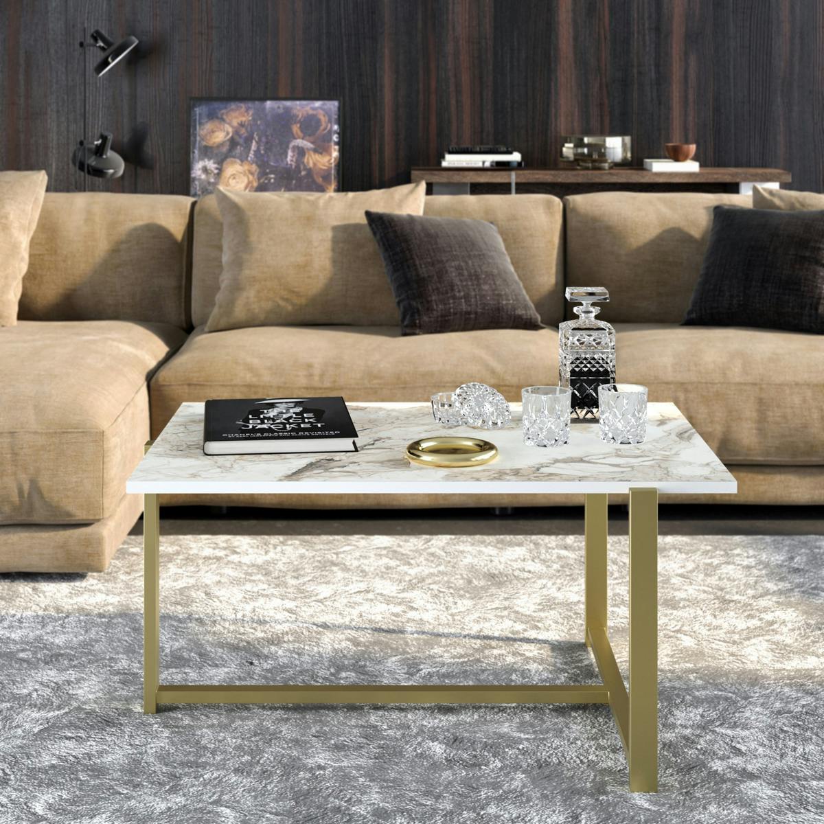 Table basse rectangulaire effet marbre pied en T doré MARFA blanc, PIER IMPORT