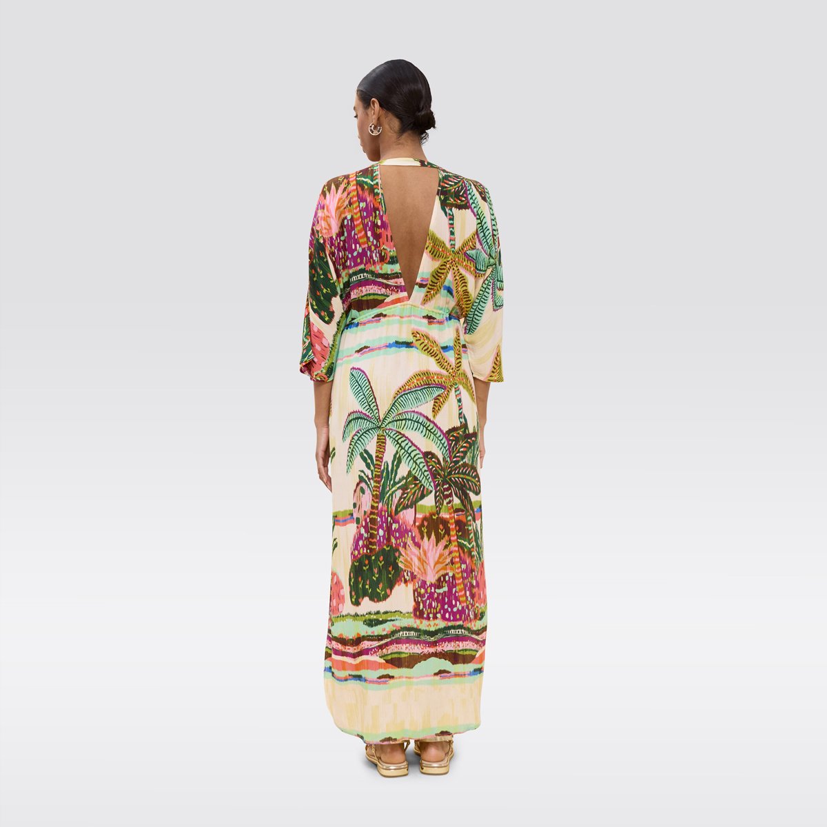 Robe longue fluide imprimée à dos nu ecru, LOLA CASADEMUNT