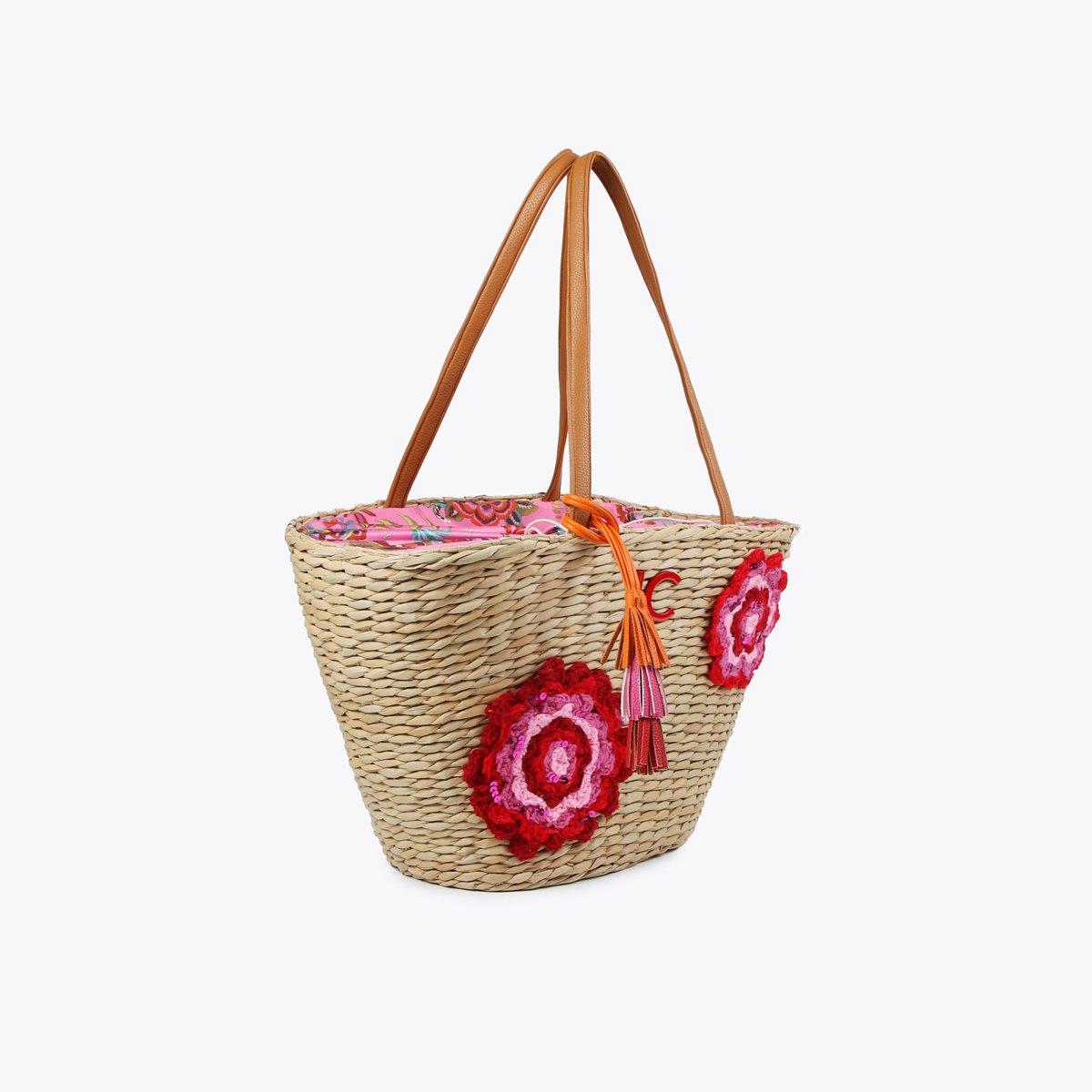 Cabas tressé multi-anses avec broderies florales beige, LOLA CASADEMUNT