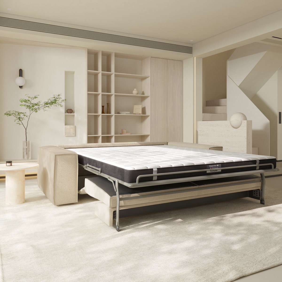 Canapé convertible express matelas Dunlopillo 160cm 4 places en velours JOAN crème, SIA HOME
