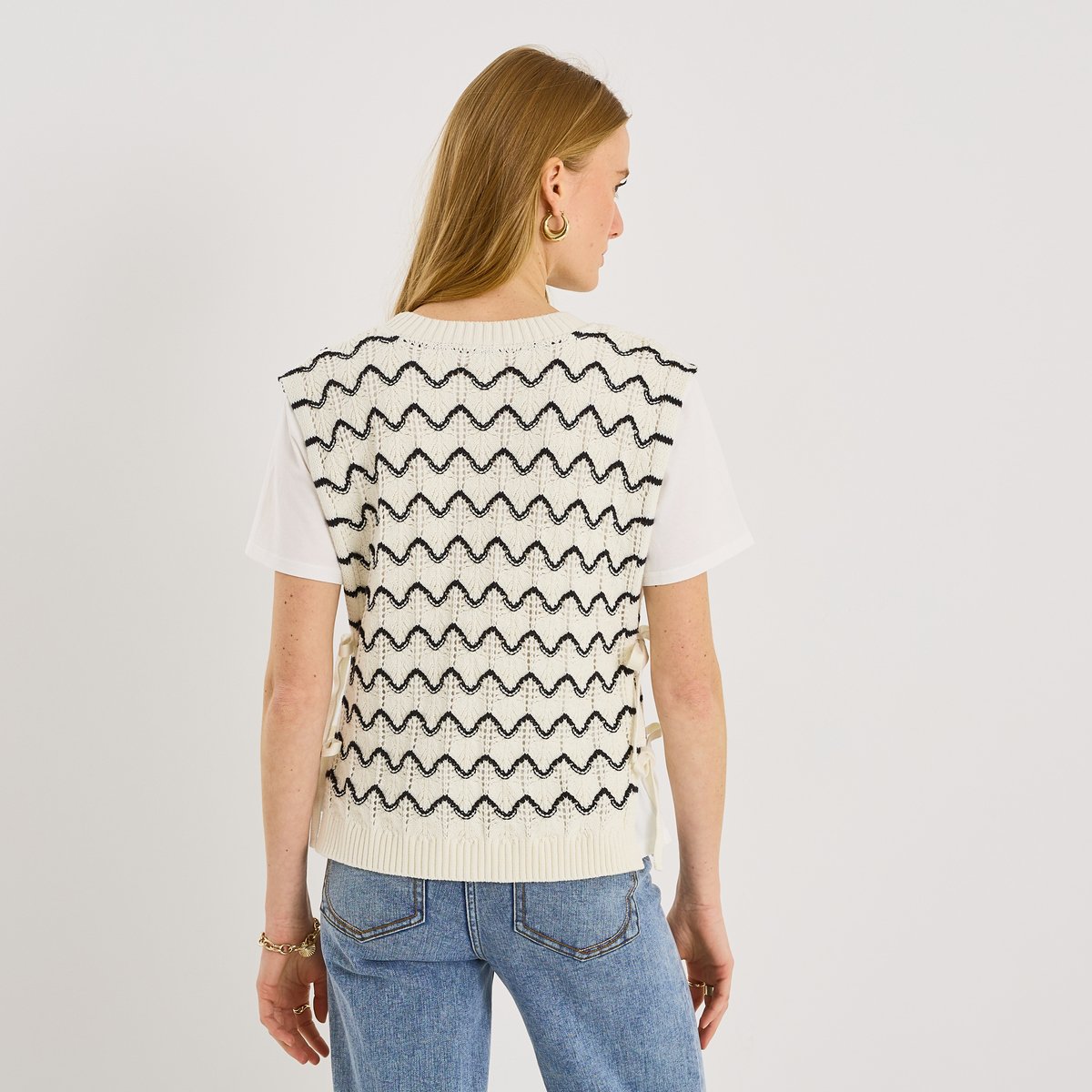 Pull manches courtes rayé blanc cassé ecru, GRAIN DE MALICE