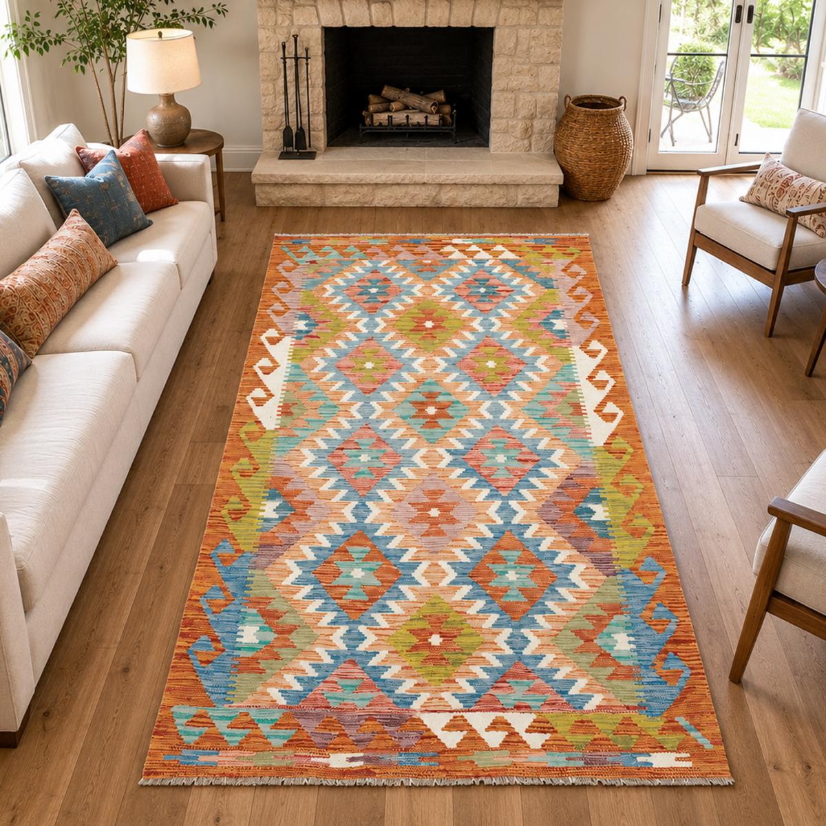 Tapis kilim, motif géométrique authentique, tissé plat, KILIM 28 multicolore, bleu, orange, UN AMOUR DE TAPIS