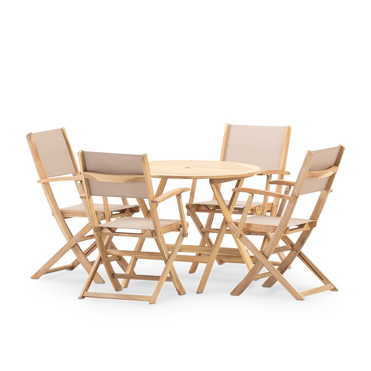 Salon de jardin, 4 chaises, JAVA LIGHT bois clair, textilène beige, DEFORA HOME